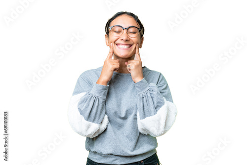 Young Uruguayan woman over isolated chroma key background smiling with a happy and pleasant expression