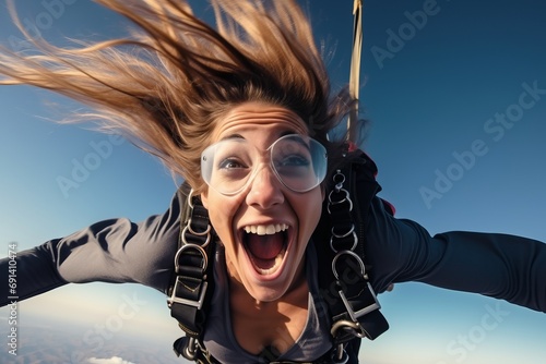 A daring woman experiencing the thrill of skydiving