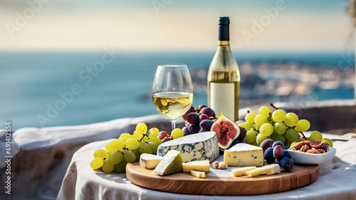 Gastronomia Raffinata- Piatto di Formaggi con Uva, Noci, Fichi e Vino Bianco, Tavolo con Vista sul Mare