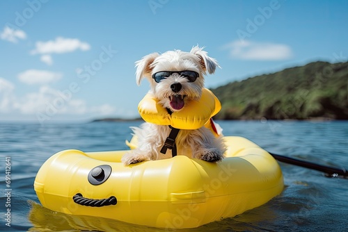 Small dog in life jacket and sunglasses sitting on yellow inflatable boat