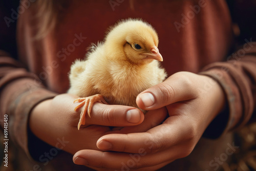 Newborn little adorable chick in kids hands