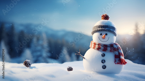 Christmas scene with a cute snowman. Free space for text on right side, snob, light and bokeh in background. Generated AI