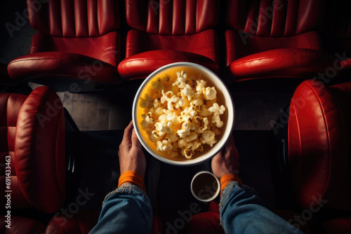 cinematic moment captured from above, with a viewer holding a bowl of popcorn in a theater setting, ready for the film to start