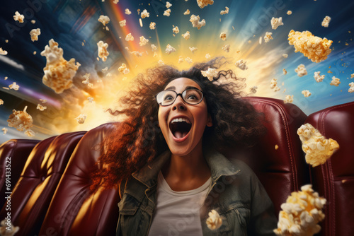 jubilant movie goer is immersed in a dynamic explosion of popcorn, capturing the essence of a blockbuster premiere's excitement