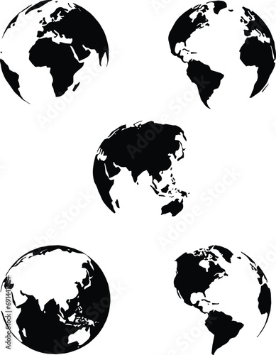 Set of transparent globe of Earth. Realistic world map in globe shape with transparent texture. earth hemisphere with continents. collection vector illustration