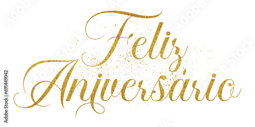Feliz Aniversário (Happy Birthday) Portuguese text written in elegant script lettering with golden glitter effect isolated on transparent background