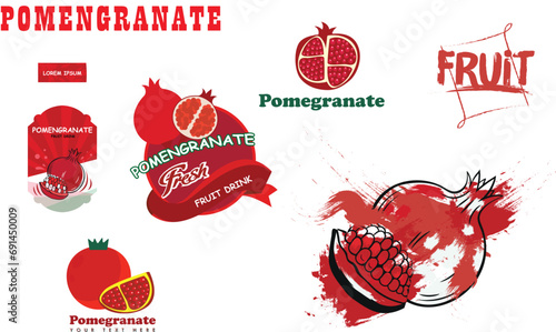 Pomegranates bottled juice logo vector Pomegranate, seeds garnet icons set. Fruit symbol vector