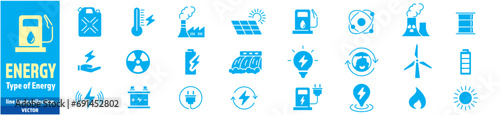 Electricity, Energy Types, Energy, icons collection editable stroke, Hydroelectric, Solar, Water, fire, Power Supply, Coal mine, vector illustration.
