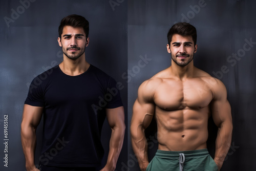 The Concept Of Power Sport Transformation Young Male Before And After With Muscles