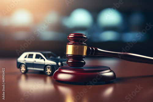 Gavel and car on table. Law and justice concept.