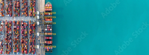 Aerial view container cargo ship at container cargo seaport terminal, Container cargo ship maritime freight shipping global business logistic import export worldwide international by container ship.