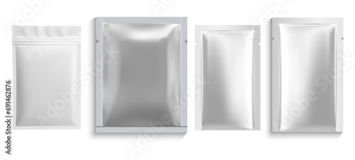 Paper sachet bag. Foil pouch mockup, white glossy plastic zipper packet blank. Facial mask sheet silver sachet design, cosmetic hygiene protection container. Food polythene wrap