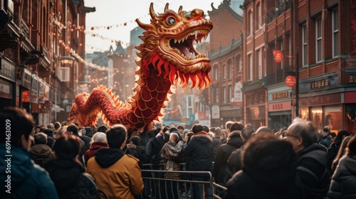 Chinese dragon dance in the Chinese new year celebration festival in chinatown streets