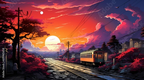 As the evening sky fades into a sunset, a train chugs along the tracks surrounded by trees and powered by electricity, creating a picturesque scene of movement and tranquility