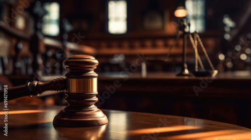 Close-up of judge gavel and books on the desk in the law office room