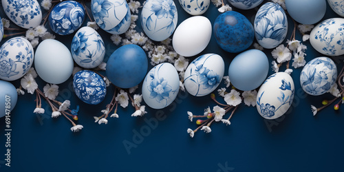 Blau-Weisse Ostereier im Stil chinesischer Blaumalerei bemalt | Perfekt als Banner für die Osterzeit