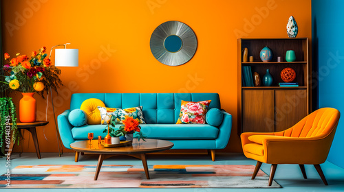 Canapé bleu dans un salon avec un mur orange