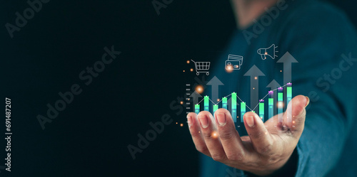 Hand show the sign and icon of Digital marketing internet advertising and sales increase business technology concept, online marketing,E-business, E-commerce, Business online