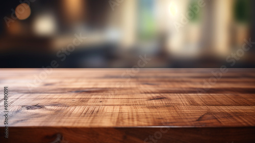 Wood table top on blurred kitchen background created with Generative Ai