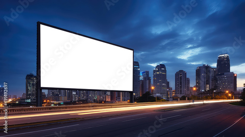 An empty huge poster mockup on the roof of a mall; white template placeholder of an advertising billboard on the rooftop of a modern building framed by trees; blank mock-up of an outdoor info banner