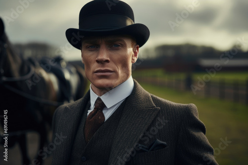 A retro gentleman with a horse on a hippodrome, or farm, on a green meadow and cloudy sky background. Medium portrait shot of handsome horseman dressed in a suit and bowler hat.