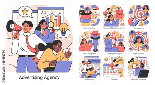 Dynamic advertising agency concept. Teams engage in creative strategy, media planning, and campaign execution. Insightful analytics and target audience identification. Flat vector illustration.