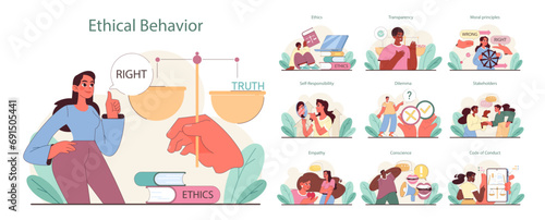 Ethical Behavior set. Balancing truth and rightness, exploring transparency in decisions. Engaging empathy, responsibility, and moral judgments. Flat vector illustration.