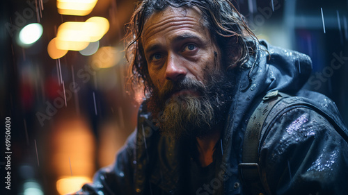 Bokeh photography of a homeless man in downtown San Francisco, rainy and cold, night time