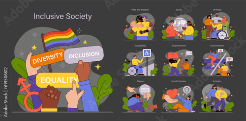 Inclusive Society set. Harmonious diversity and equality celebration. Unity in gender, race, and disability representation. Universal acceptance and solidarity themes. Flat vector illustration.