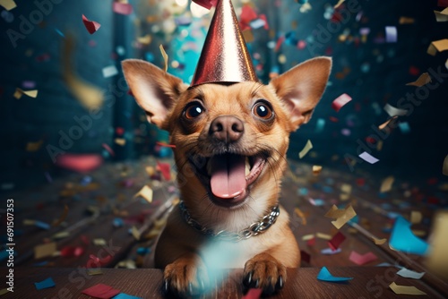 Joyful adorable pup donning a festive headpiece rejoicing at a celebration while surrounded by descending streamers.