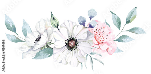 Bouquet anemone and peony painted with watercolors.White flowers Suitable for decorating wedding invitation cards.Vintage style.