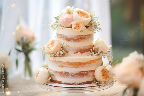 naked wedding cake decorated in peach fuzz color beautiful peonies, close up