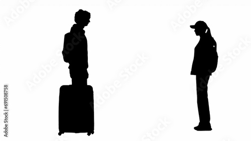 Portrait of traveler isolated on white background alpha channel. Silhouette of girl and man with suitcase at the airport, standing looking at each other.