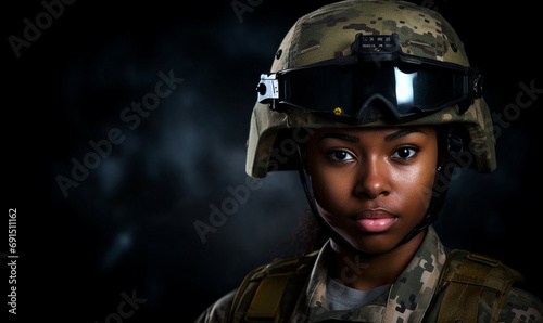 Black girl with blonde hair wearing camouflage fatigues, military uniform and helmet. Light form Studio lighting.