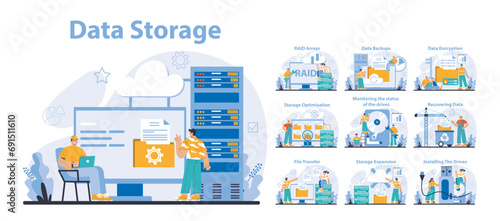 Data Storage set. Multiple aspects of data management and protection. Network infrastructure maintenance with cloud services. Efficient system recovery and security measures. Vector illustration.