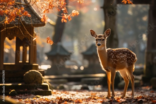 a deer stands before a temple in the park. Generative ai