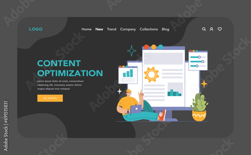 Content optimization dark or night mode web, landing. Analyzing and improving website information architecture. Data-driven approach for user engagement. Flat vector illustration.