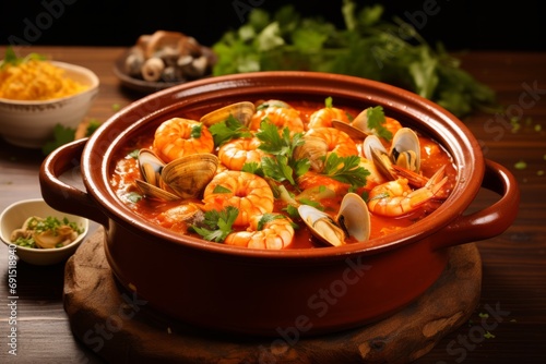 An enticing Spanish Zarzuela, a seafood medley cooked in a spicy tomato base, served in a rustic clay pot