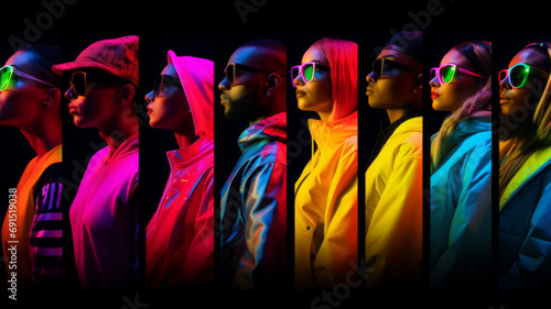 Cropped portraits of group of young people on multicolored background in neon light