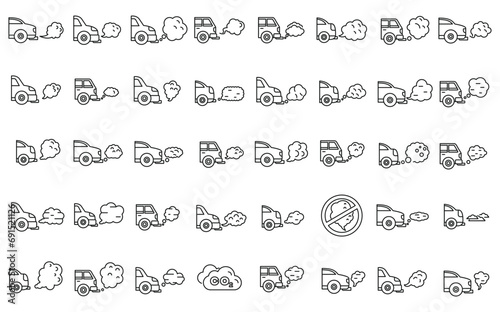 Traffic fumes icons set outline vector. Climate gas car. Traffic air auto