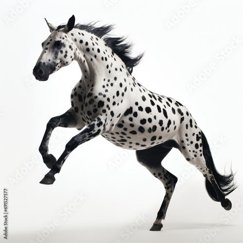 White horse with black spots runs briskly