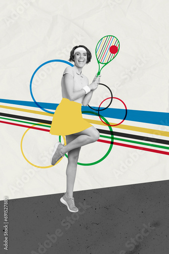 Vertical collage creative poster excited happy lady play tennis sportive sportswoman exercise championship olympic ring colorful background