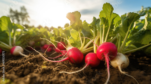 vegetables radish production and cultivation, green business, entrepreneurship harvest. Lies