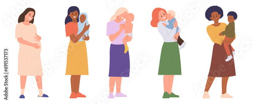 Mother cartoon characters set with happy pregnant woman, mom carrying child of different age