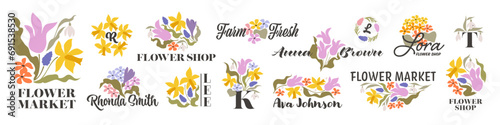 Vector logo design template of spring flowers like tulip, daffodil, primrose and snowdrops. Collection of elegant premade emblems for flower market or florist shop