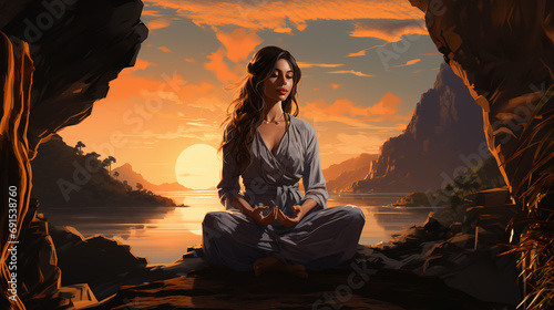 Digital illustration, 3D sexy woman brunette sitting on the rock with crossed legs, peaceful quiet meditation, yoga pose. Stylish dress. Fantastic background with sea and sky at sundown