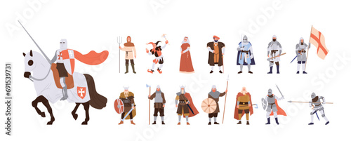 Medieval people cartoon characters set with knights, peasant, jester, nun, warrior, rich lord