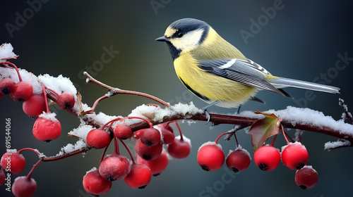 A cute little tit sits on a branch with red berries in a snowy winter forest.