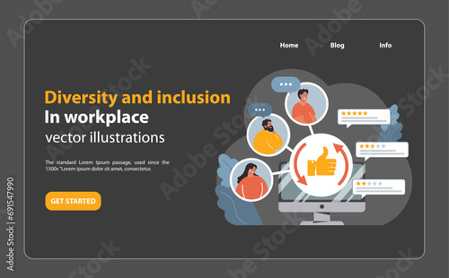 Diverse employees around a computer screen showcasing positive feedback and ratings. Embracing diversity in digital workplace feedback systems. Flat vector illustration