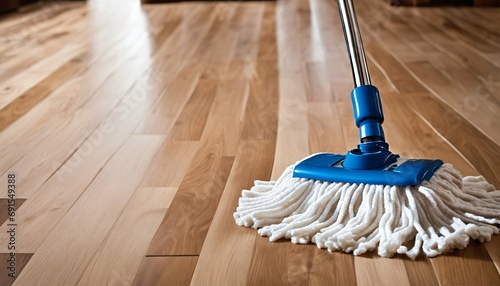 Floor cleaning with mop and cleanser foam, tools on parquet floor